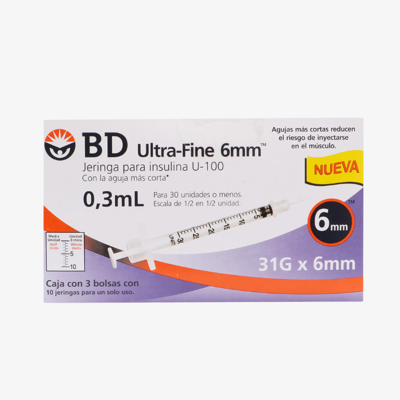 BD Ultra-Fine 326785 jeringa para insulina 0.3 ml 31G x 6 mm caja 30 piezas