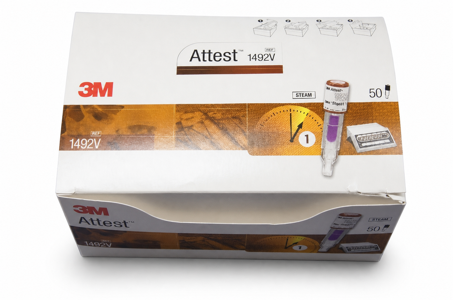 Indicador biológico 3M Attest de lectura rápida 1492V, caja con 50 piezas, sobre fondo blanco
