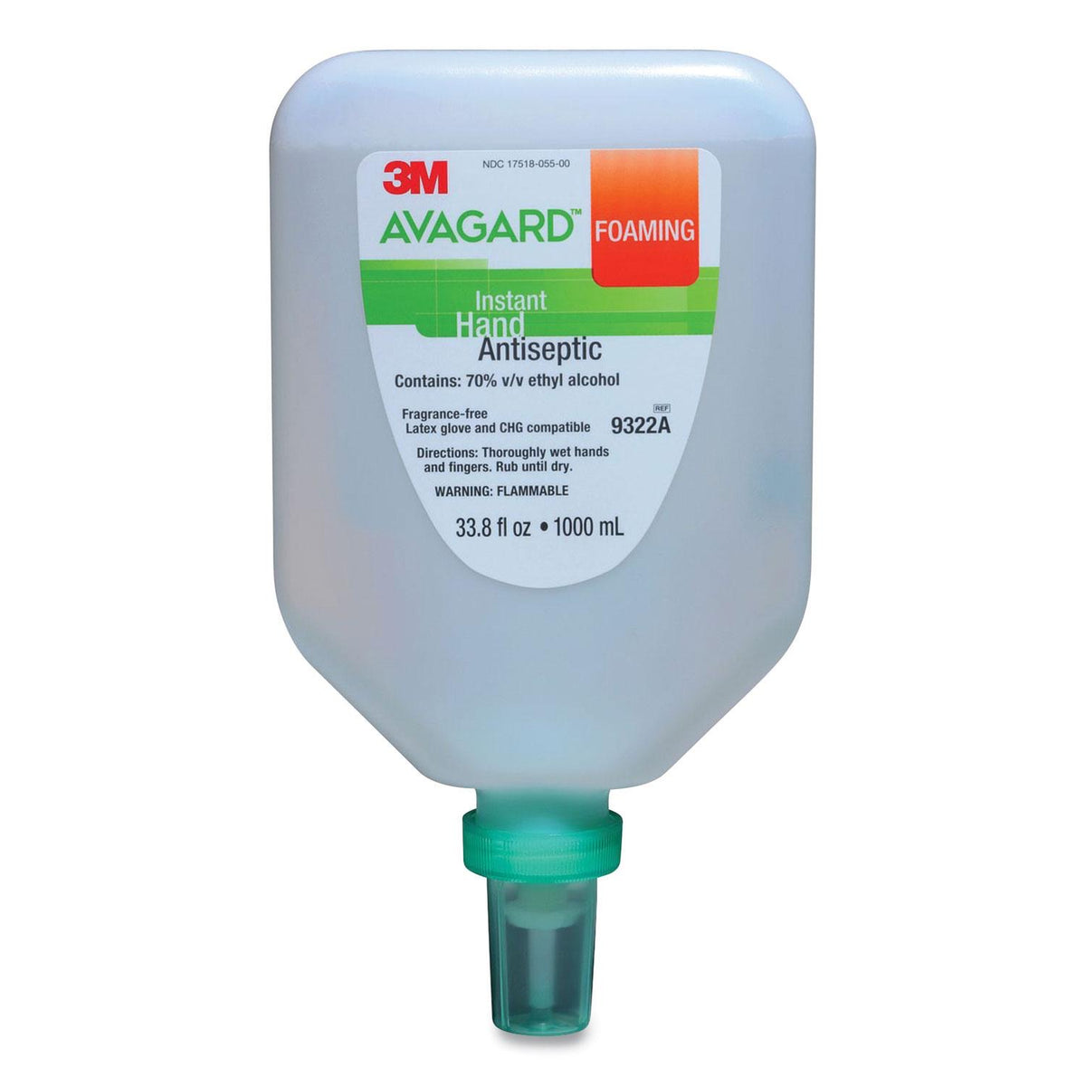3M Avagard Foaming REF 9322A, recambio de 1000 ml con cuello dosificador para dispensador de pared Avagard, antiséptico instantáneo para manos con 70% de alcohol etílico
