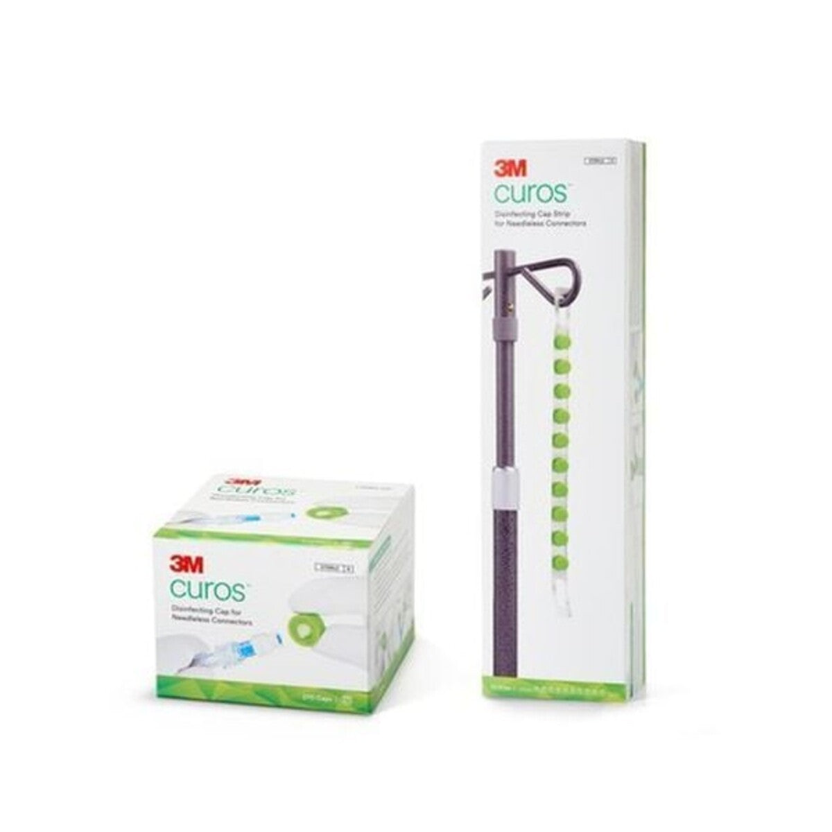 Curos 3M, protectores desinfectantes para puertos y conectores sobre fondo blanco