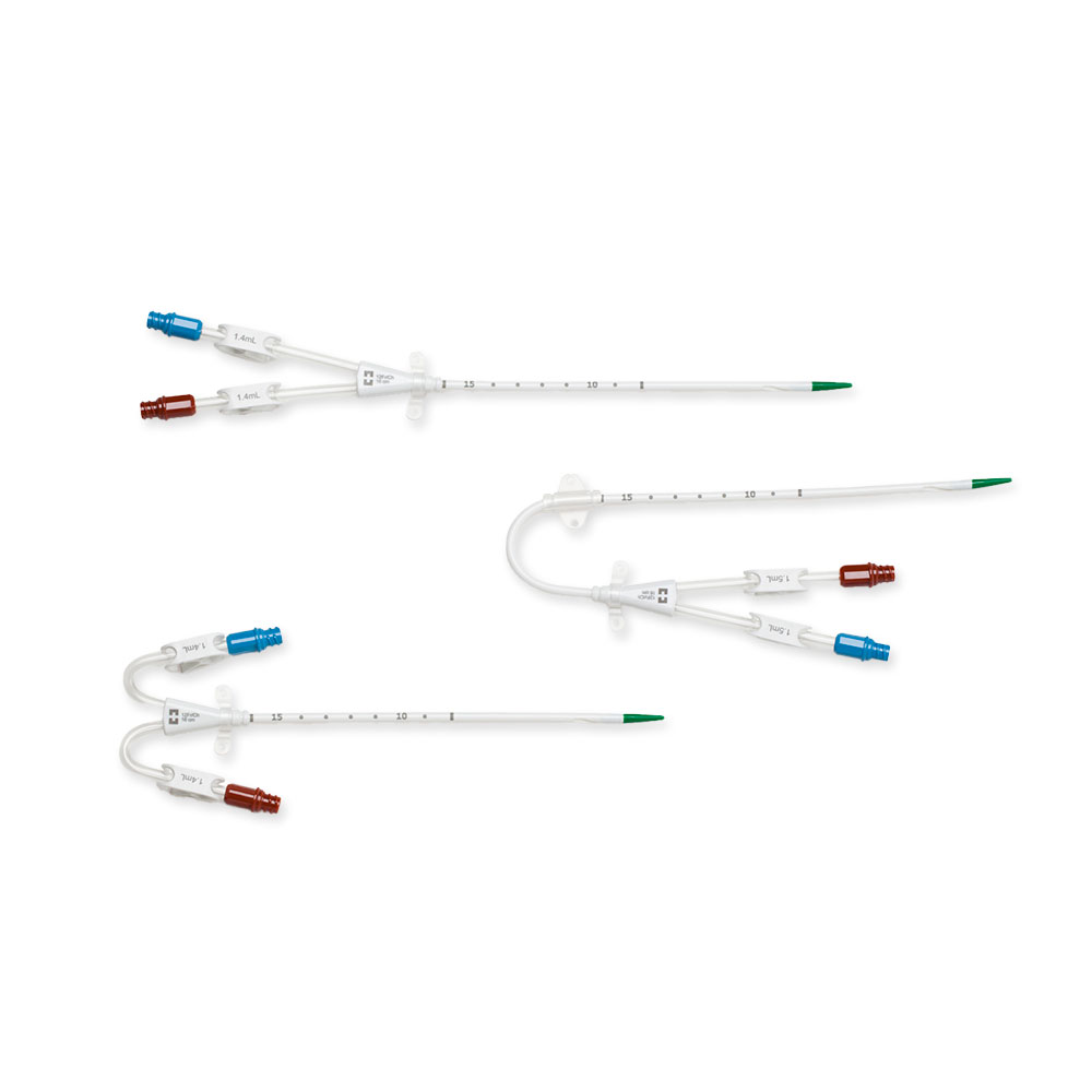 Catéter Mahurkar Elite 12 Fr de doble lumen: extensiones rectas, curvas y eje precurvado sobre blanco