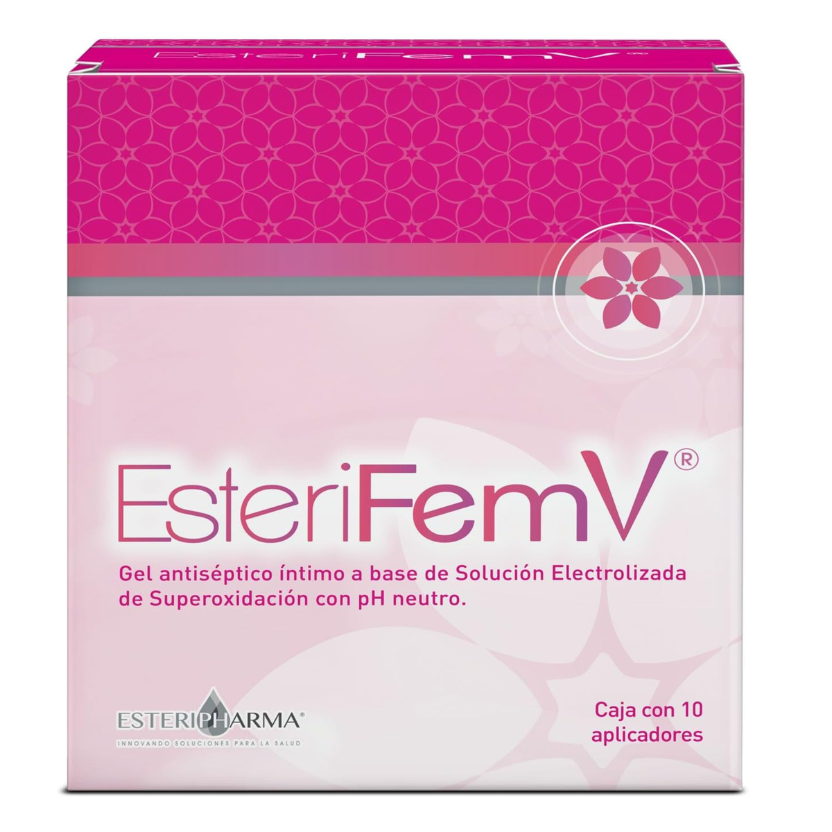 Caja Esterifem V de Esteripharma, 10 aplicadores unidosis de 5 g de gel antiséptico íntimo, sobre blanco