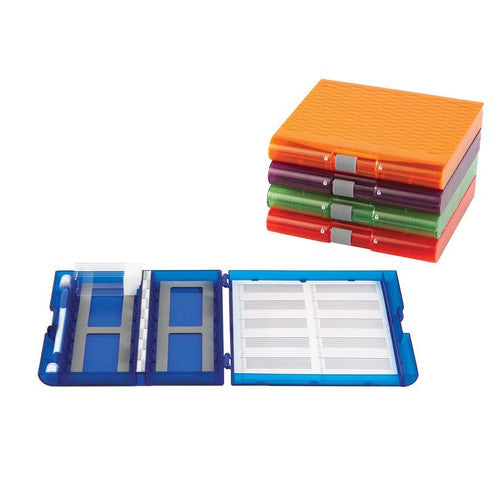 Cajas Heathrow Scientific Premium Plus para 100 portaobjetos, con espuma EVA, en varios colores; paquete de cinco cajas vacías