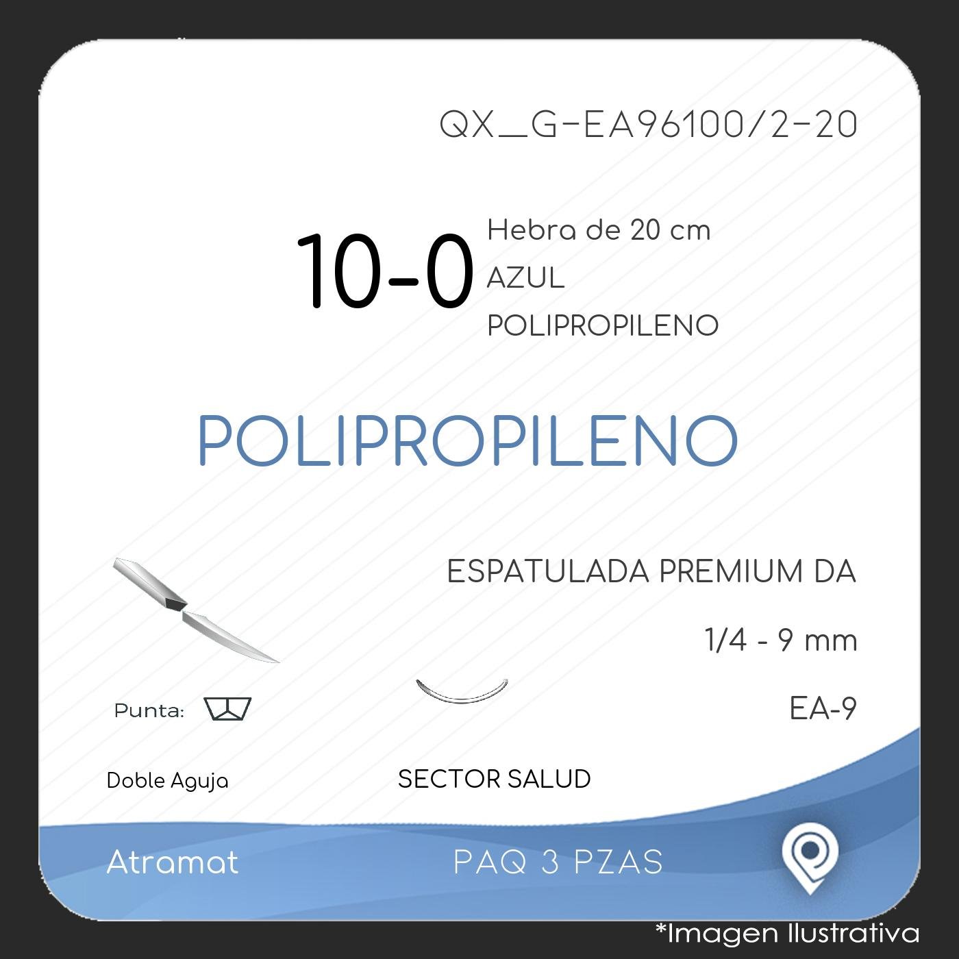Atramat polipropileno USP 10-0 azul, doble aguja EA-9 de 9 mm, 20 cm