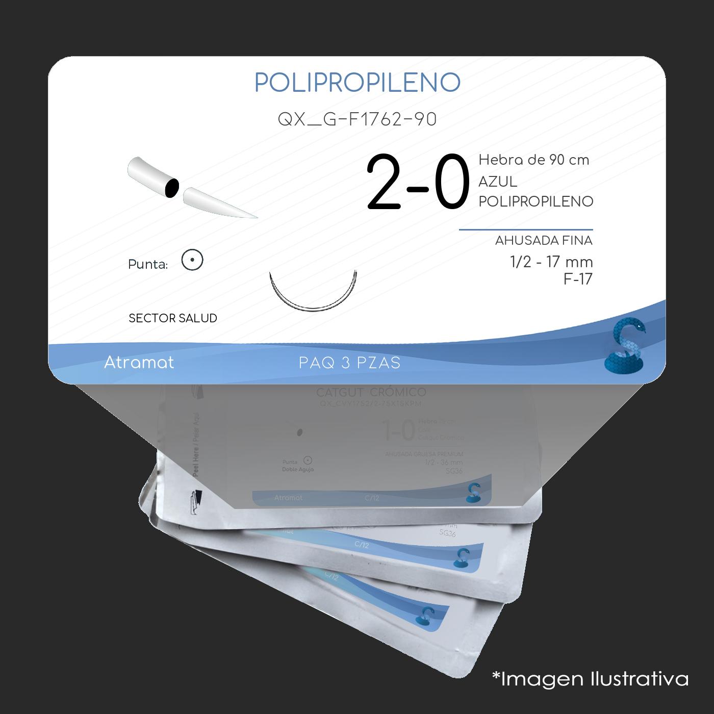 Atramat polipropileno azul USP 2-0, 90 cm, aguja F-17 de 17 mm