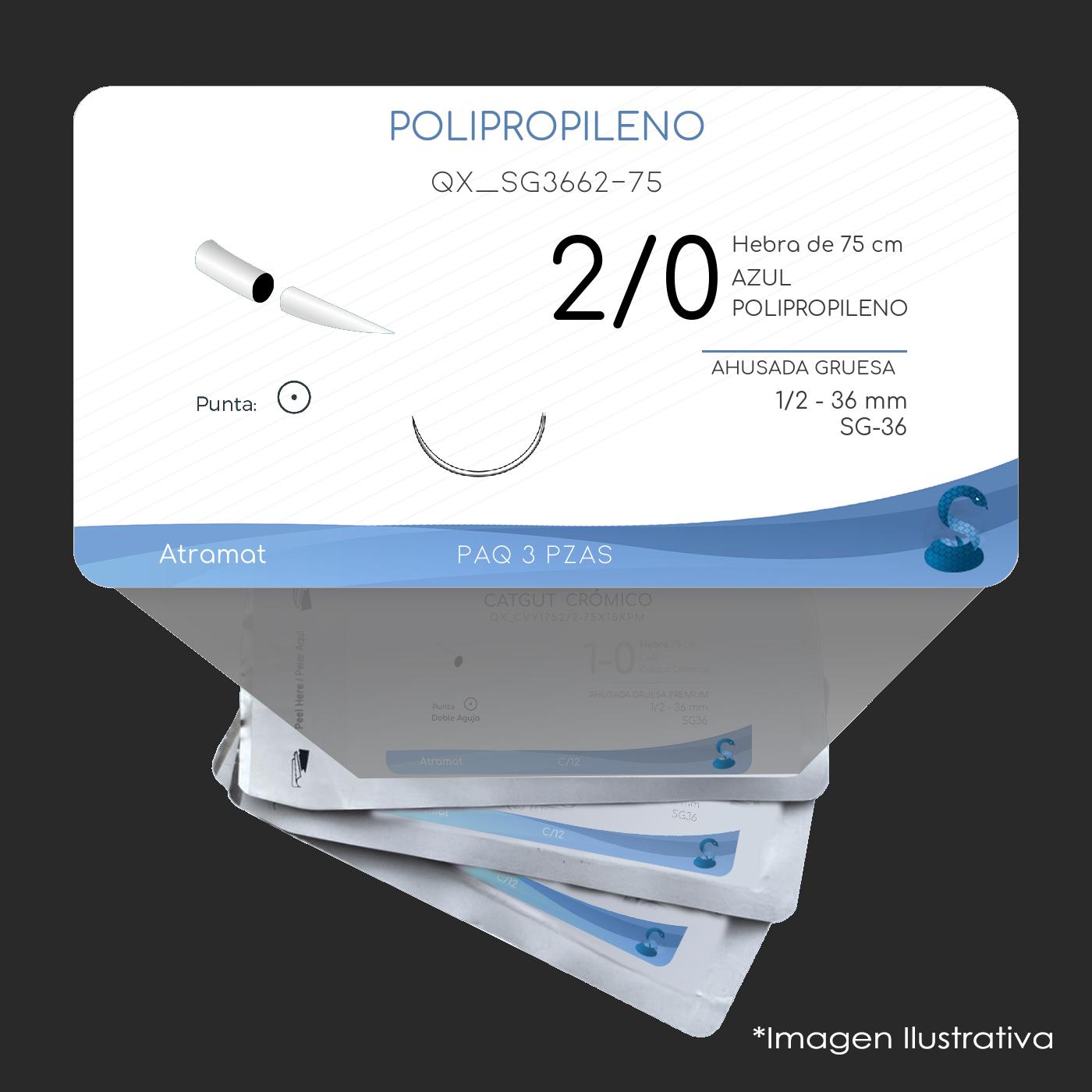 Atramat polipropileno azul USP 2-0, 75 cm, aguja SG-36 de 36 mm