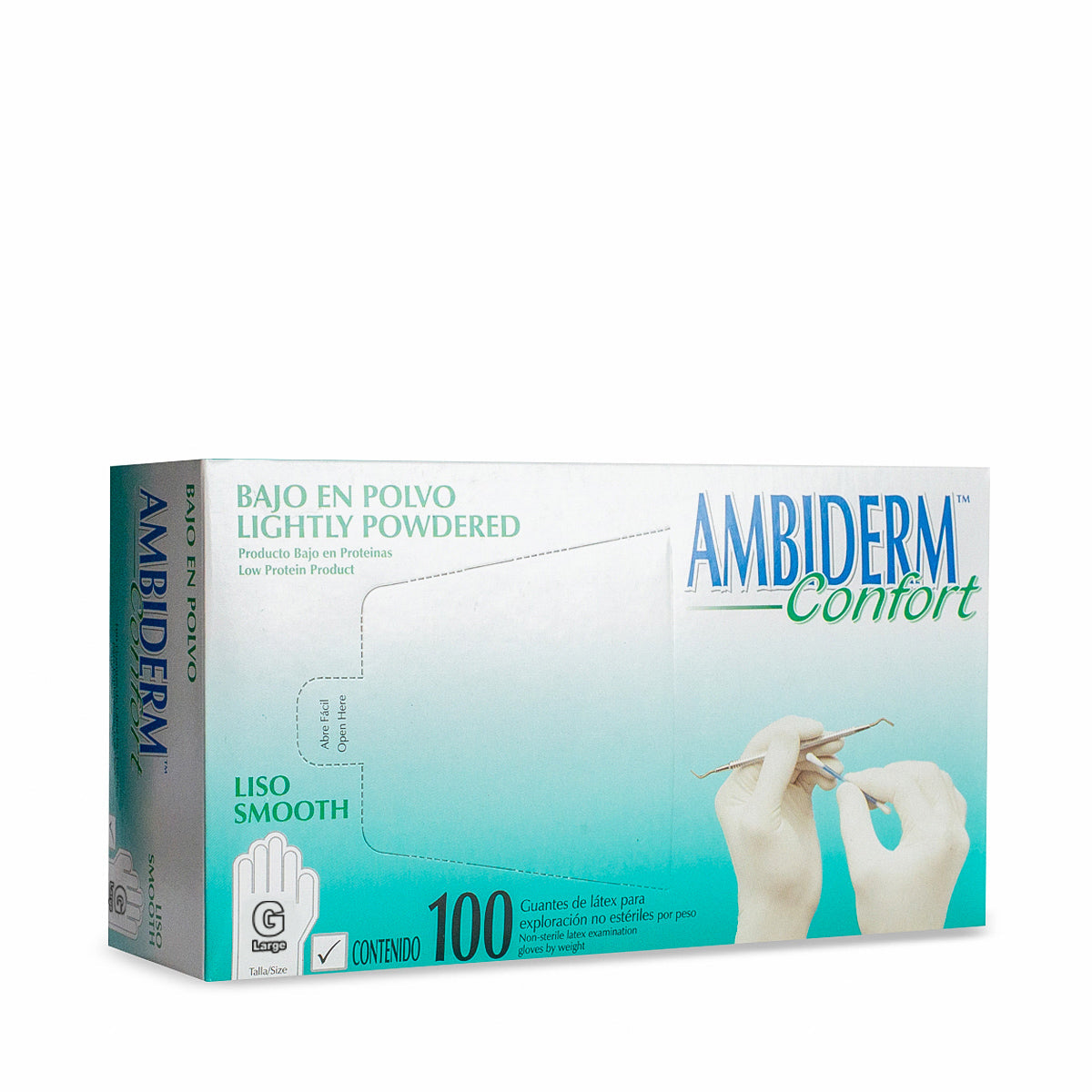 Caja Ambiderm Confort de guantes de látex para exploración, talla G (grande), lisa, bajo en polvo, no estéril, contenido 100 por peso