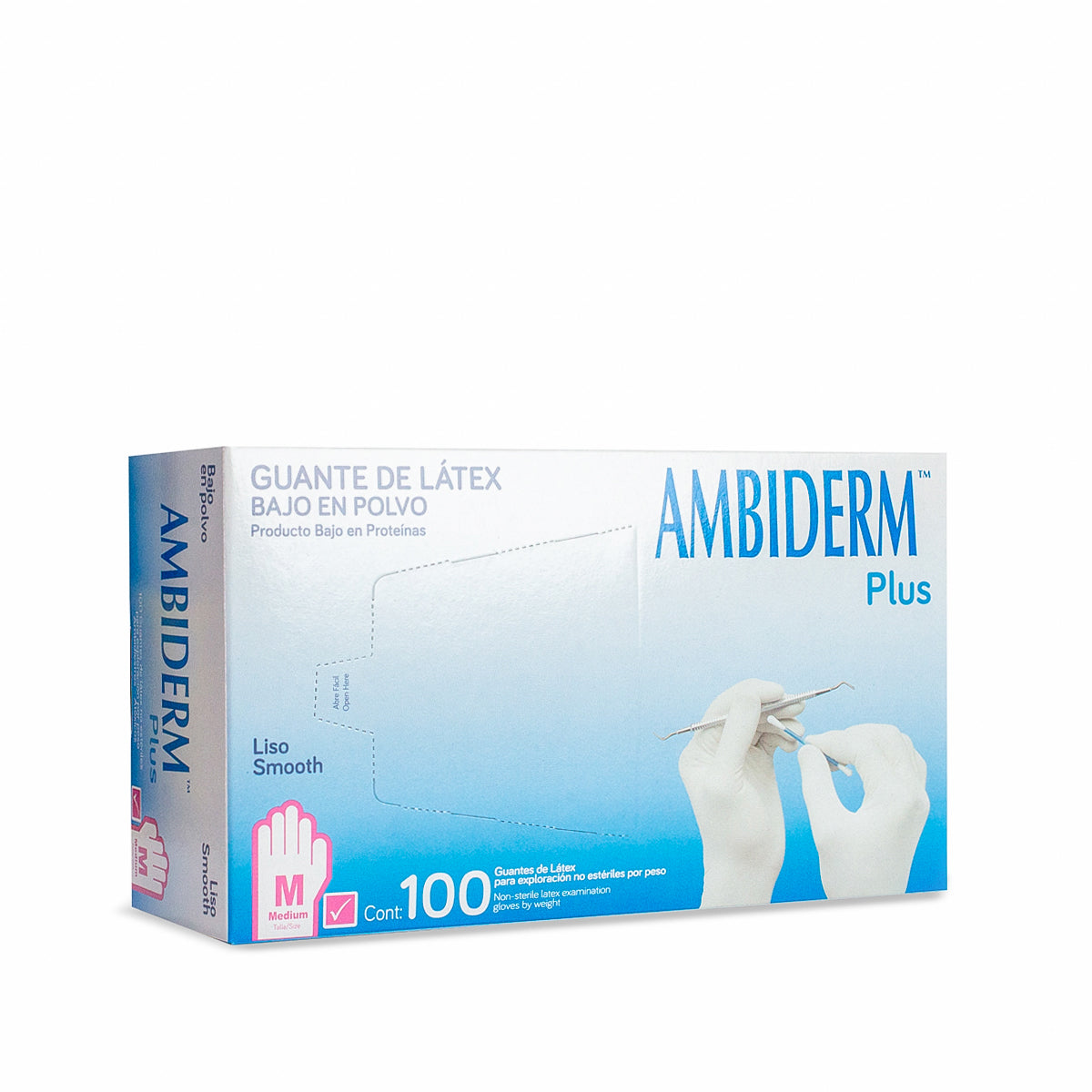 Caja Ambiderm Plus rosa de guantes de látex, talla M mediana, lisa, bajo en polvo, producto bajo en proteínas, no estéril, contenido 100 por peso