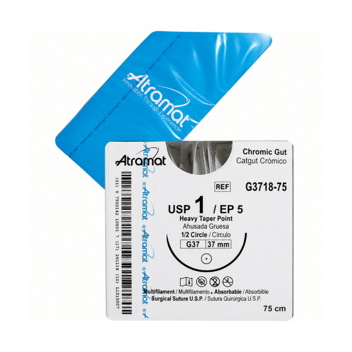 Sutura ATRAMAT Catgut crómico G3718-75, USP 1, 75 cm y aguja G37 sobre fondo blanco
