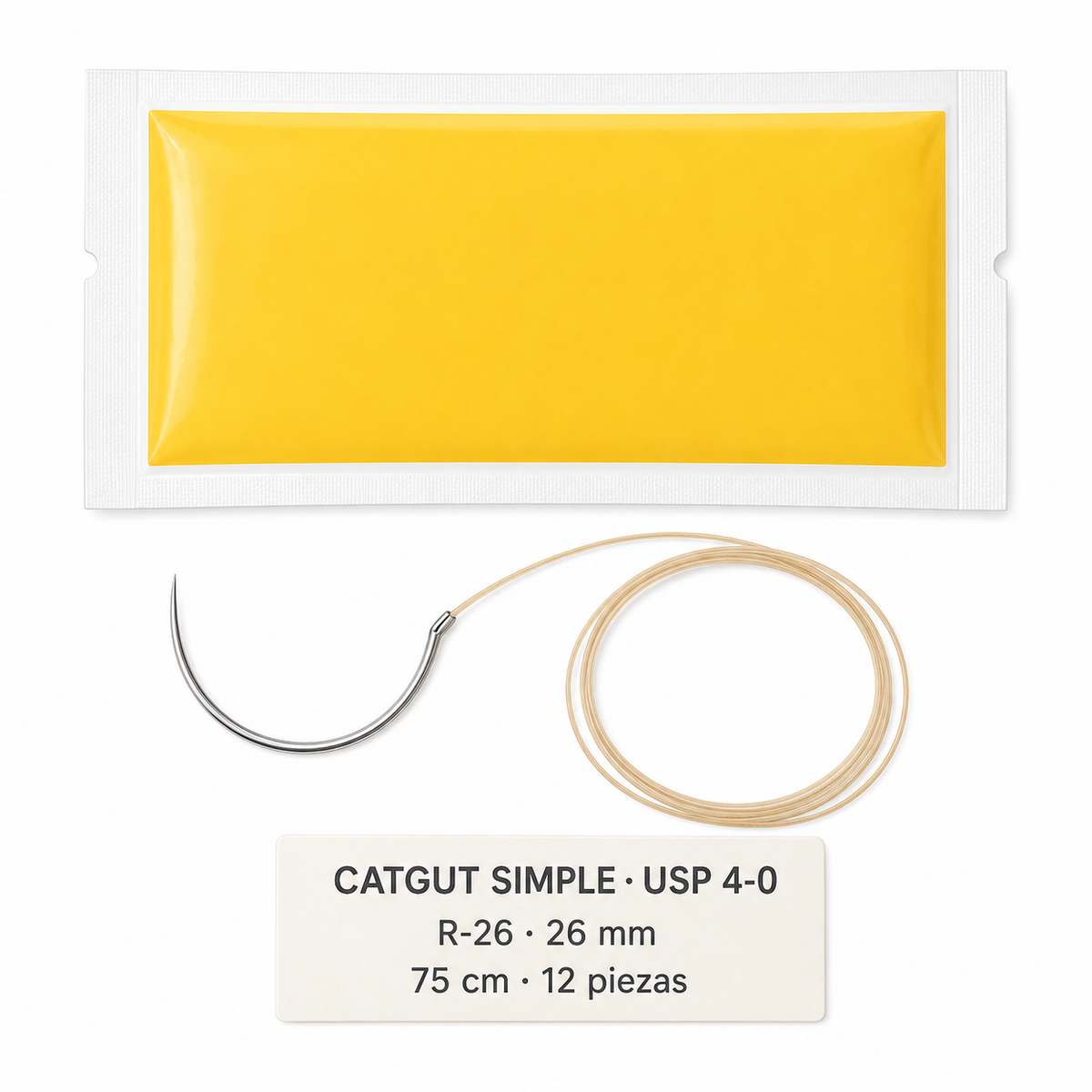 Imagen ilustrativa optimizada: Atramat Catgut simple USP 4-0 con aguja R-26 de 26 mm, 75 cm, 12 piezas, sobre fondo blanco