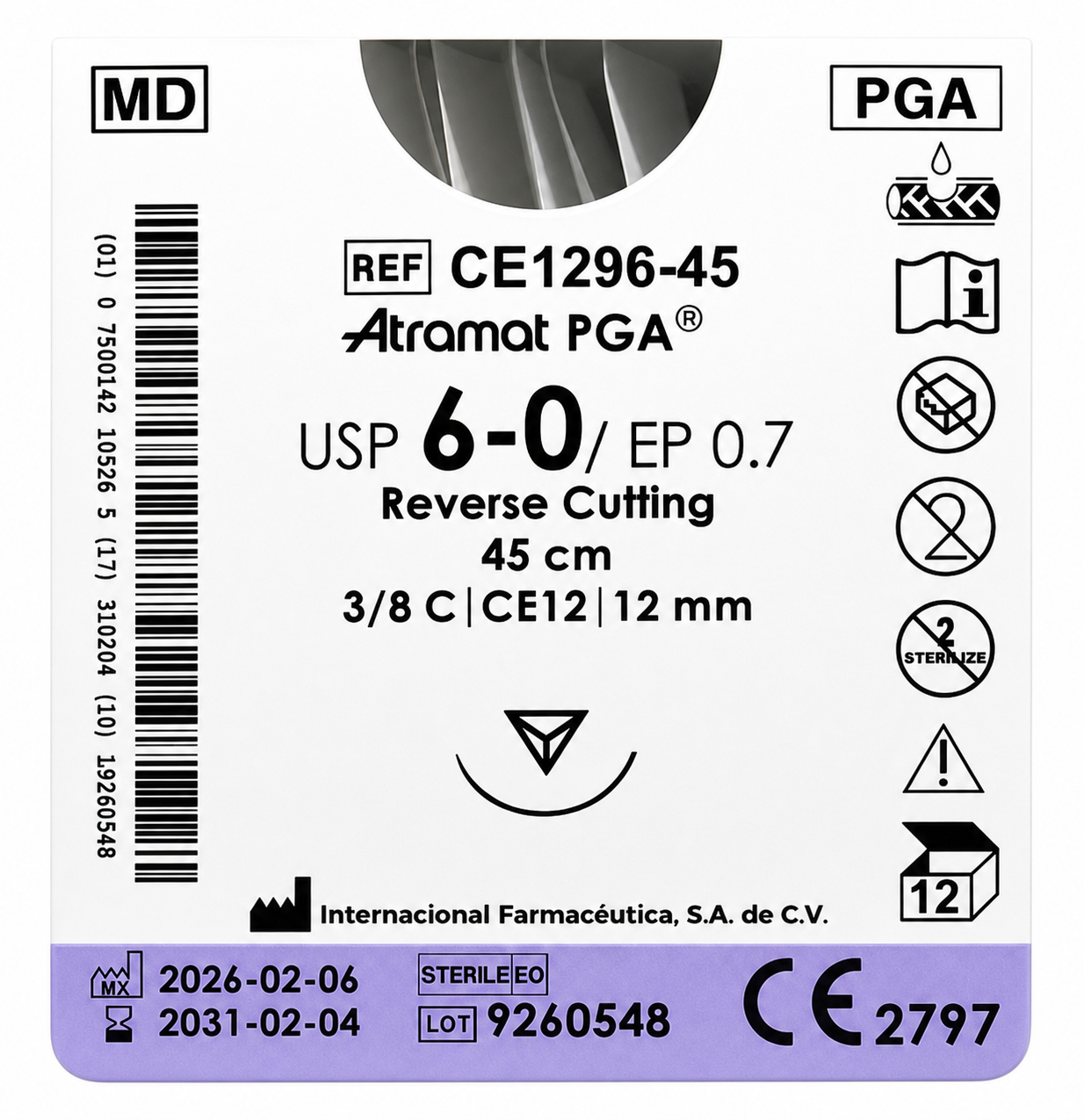 Atramat PGA CE1296-45, sutura absorbible USP 6-0 de 45 cm con aguja CE12 de 12 mm sobre fondo blanco