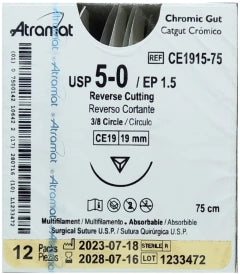 Sutura ATRAMAT Catgut Crómico CE1915-75 USP 5-0 de 75 cm con aguja CE19