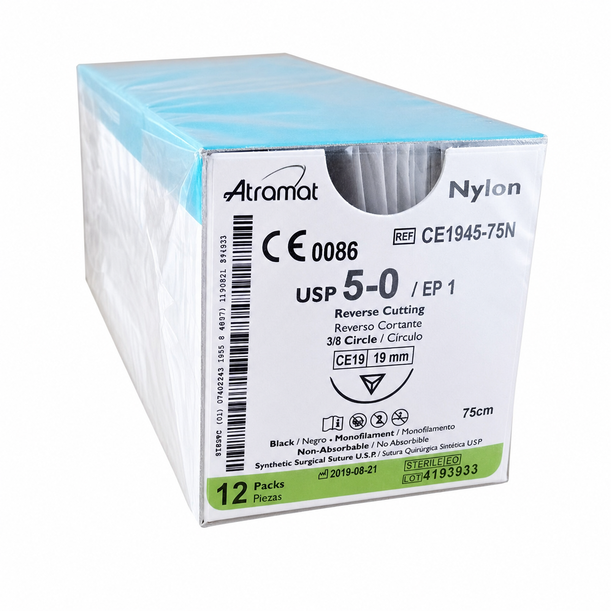 Atramat Nylon CE1945-75N, sutura no absorbible USP 5-0 de 75 cm con aguja CE19 de 19 mm sobre fondo blanco