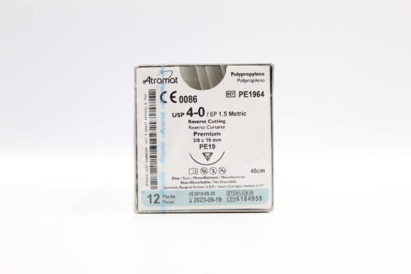 Atramat CE1964 sutura no absorbible de polipropileno azul USP 4-0 de 45 cm con aguja reverso cortante de 19 mm