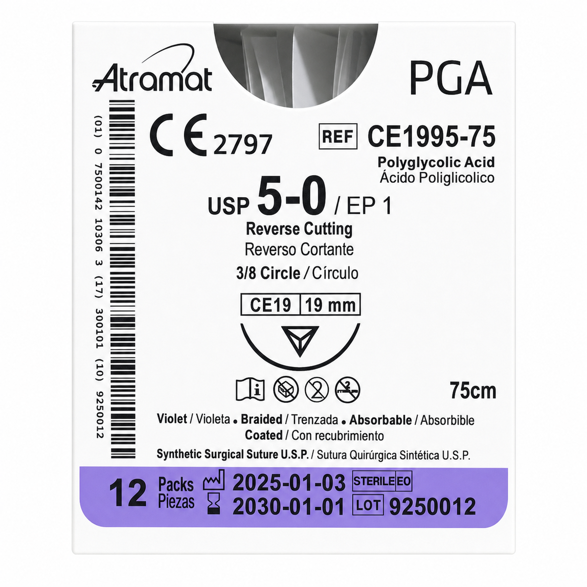 Atramat CE1995-75, PGA USP 5-0 de 75 cm con aguja CE19 de 19 mm sobre fondo blanco