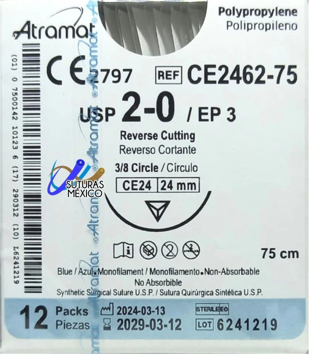 Atramat CE2462-75 polipropileno 2-0 de 75 cm con aguja CE24 reverso cortante de 24 mm