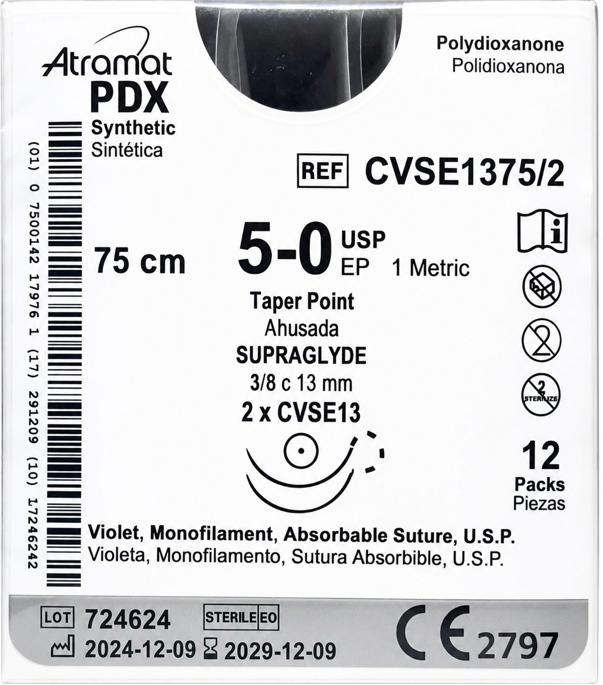 Atramat CVSE1375/2, PDX violeta USP 5-0 de 75 cm con doble aguja CVSE13 de 13 mm sobre fondo blanco