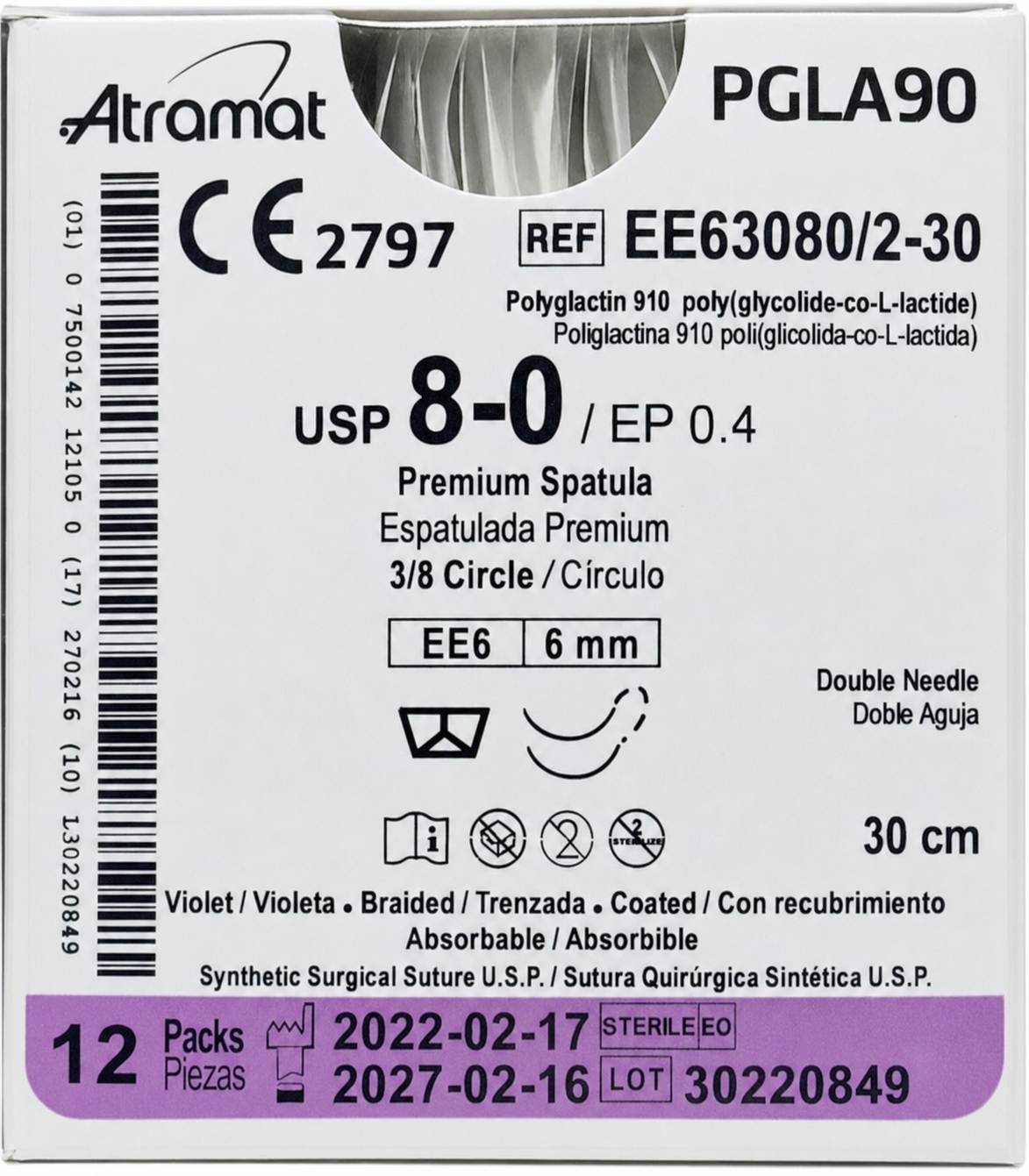 Atramat EE63080/2-30, PGLA90 violeta USP 8-0 de 30 cm con doble aguja EE6 de 6 mm sobre fondo blanco