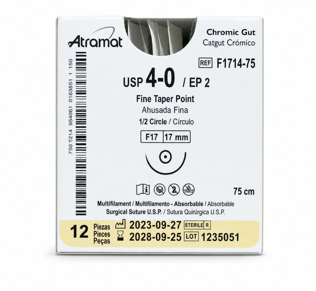 Atramat F1714-75, catgut crómico USP 4-0 de 75 cm con aguja F17 de 17 mm sobre fondo blanco