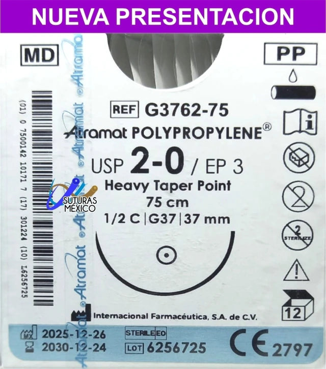 Atramat G3762-75 polipropileno 2-0 de 75 cm con aguja G37 de 37 mm