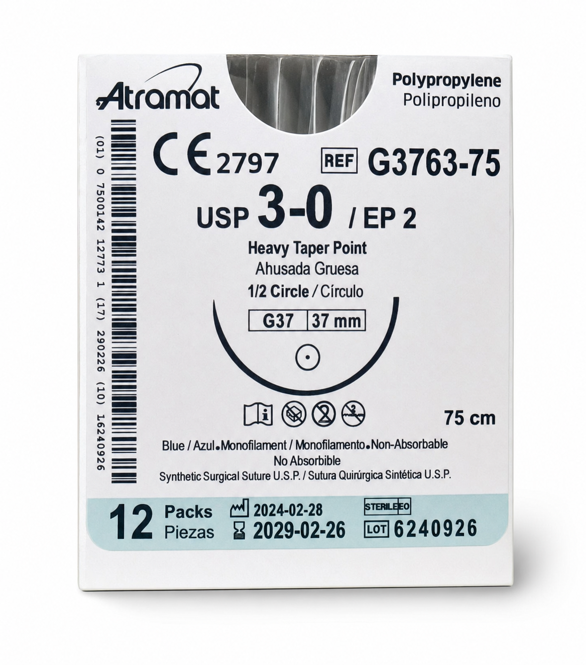 Atramat G3763-75, sutura de polipropileno USP 3-0 de 75 cm con aguja G37 de 37 mm sobre fondo blanco