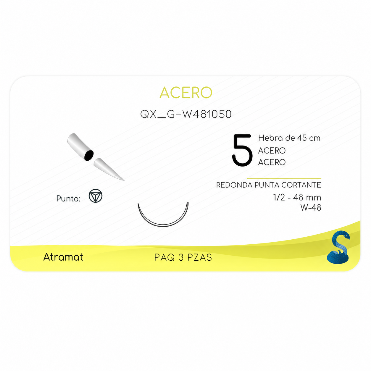 Atramat G-W481050, sutura de acero inoxidable USP 5 de 45 cm con aguja W-48 de 48 mm sobre fondo blanco
