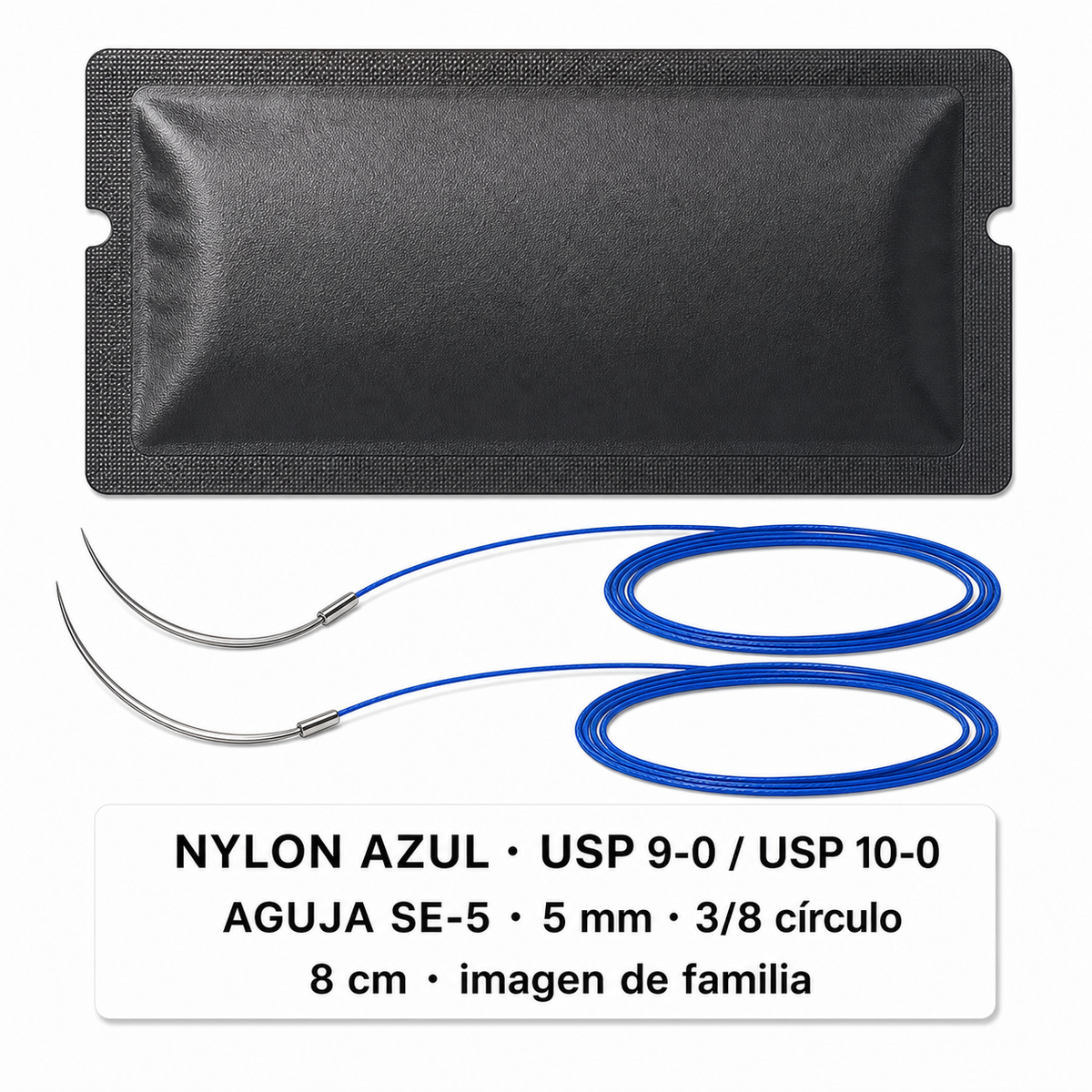 Imagen ilustrativa optimizada: familia Atramat Nylon azul USP 9-0 y USP 10-0, 8 cm, aguja SE-5 de 5 mm, 3/8 de círculo, sobre fondo blanco