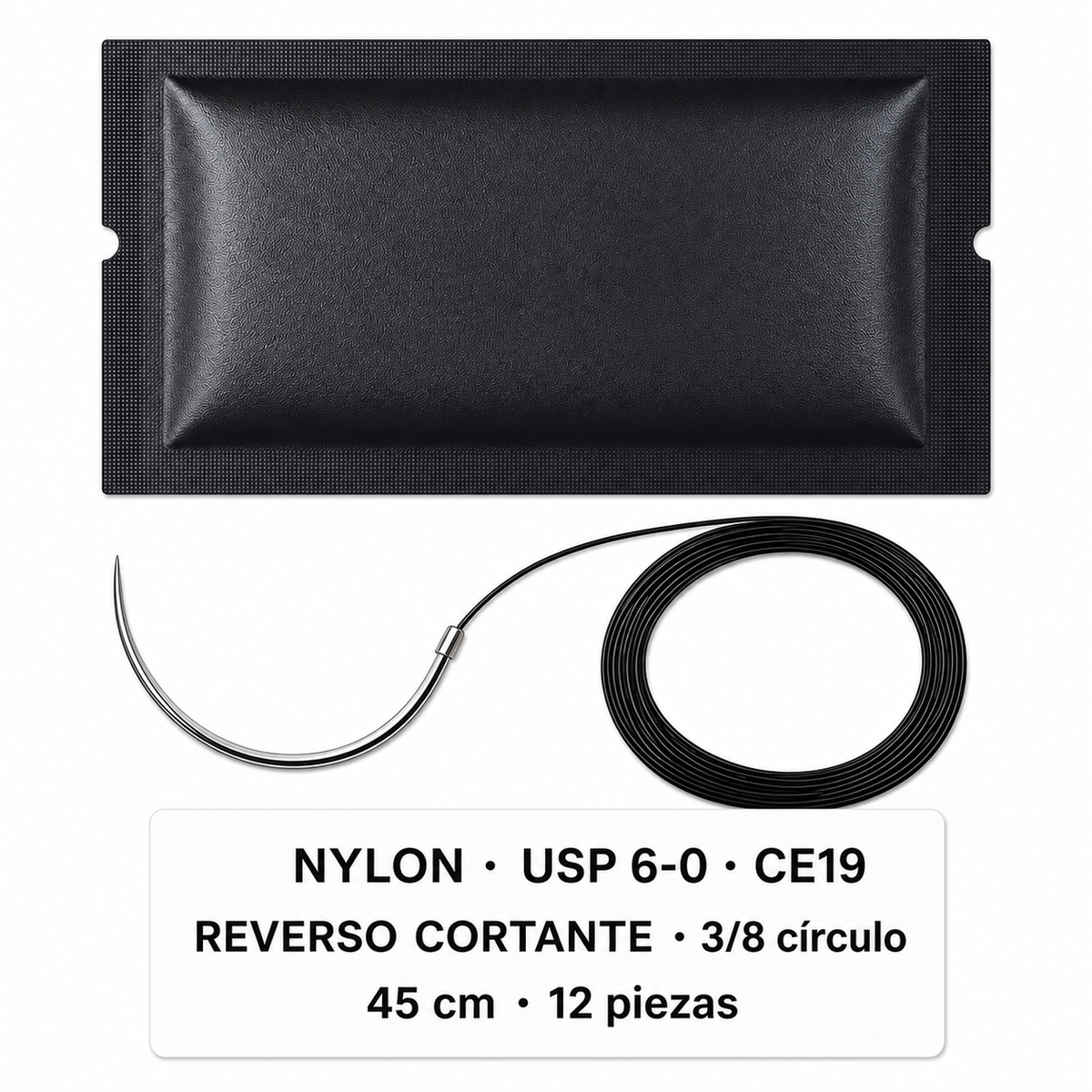 Imagen ilustrativa optimizada: Atramat Nylon USP 6-0 CE19 con aguja reverso cortante, 45 cm, 3/8 de círculo, 12 piezas, sobre fondo blanco