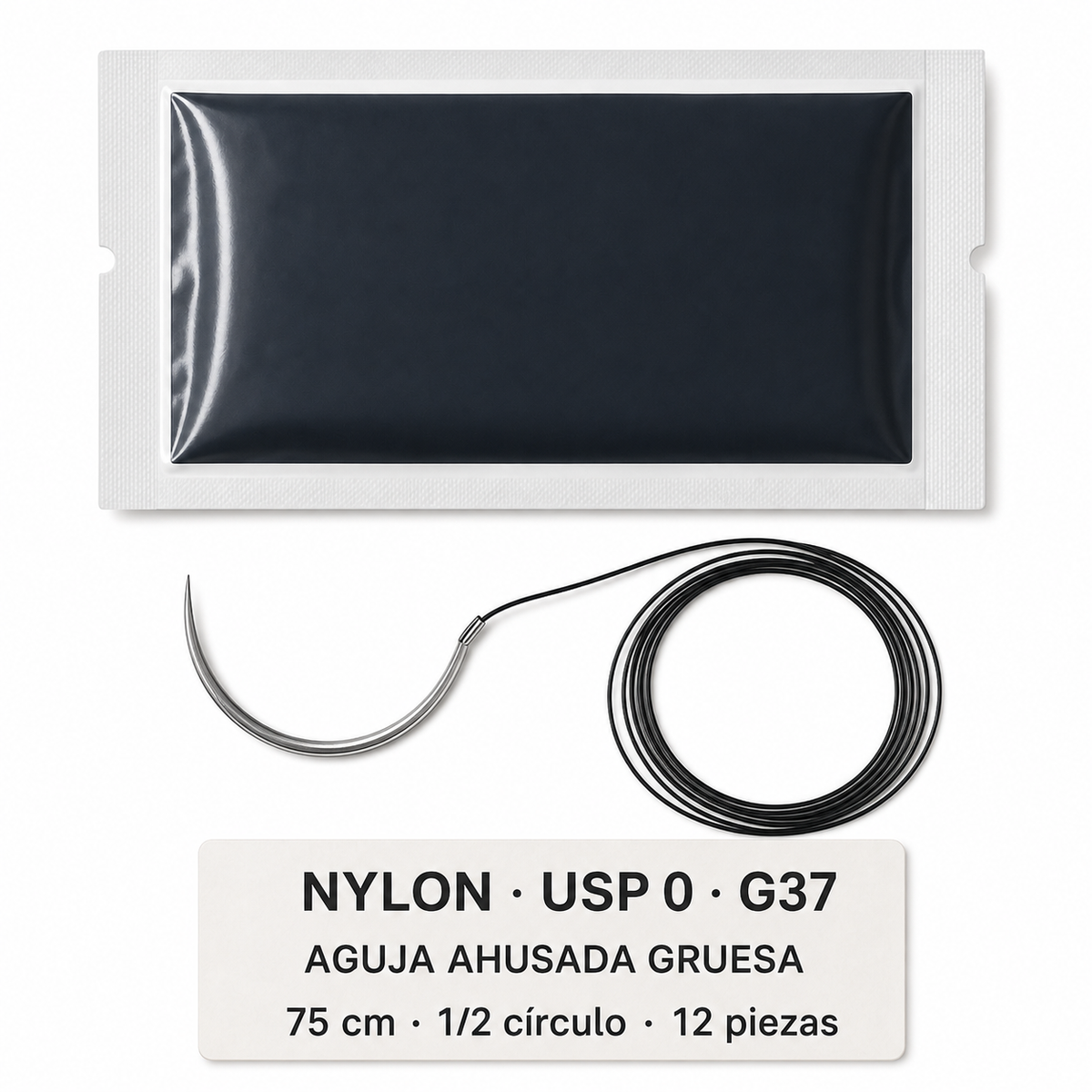 Imagen ilustrativa optimizada: Atramat Nylon USP 0 G37 de 75 cm con aguja ahusada gruesa, 1/2 círculo, 12 piezas, sobre fondo blanco