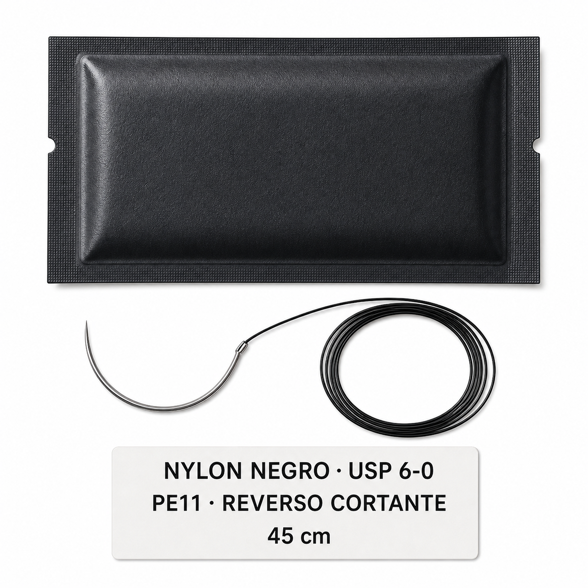 Imagen ilustrativa optimizada: Atramat Nylon negro USP 6-0 PE11 con aguja reverso cortante, 45 cm, sobre fondo blanco