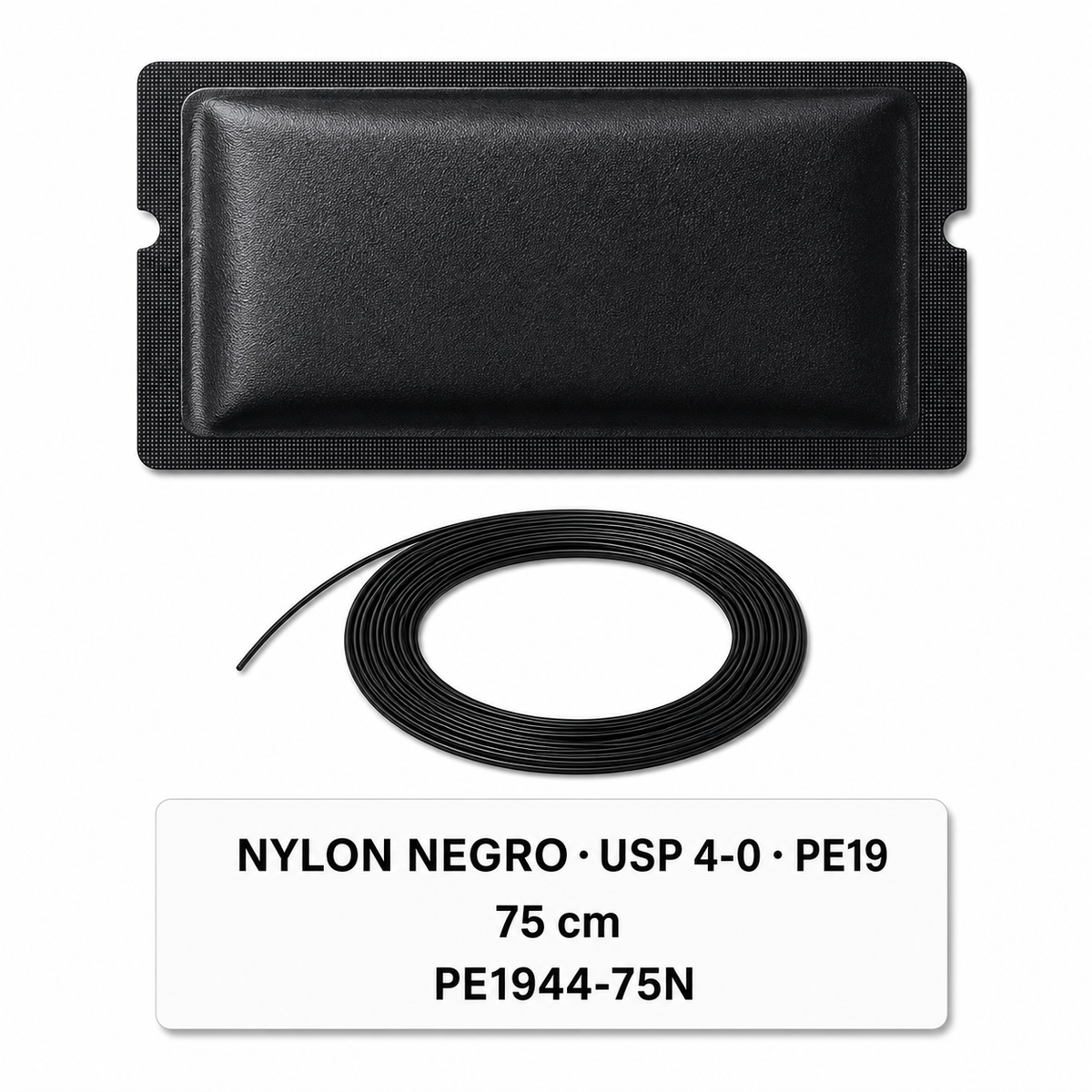 Imagen ilustrativa optimizada: Atramat Nylon negro USP 4-0 PE19 de 75 cm, referencia PE1944-75N, sobre fondo blanco