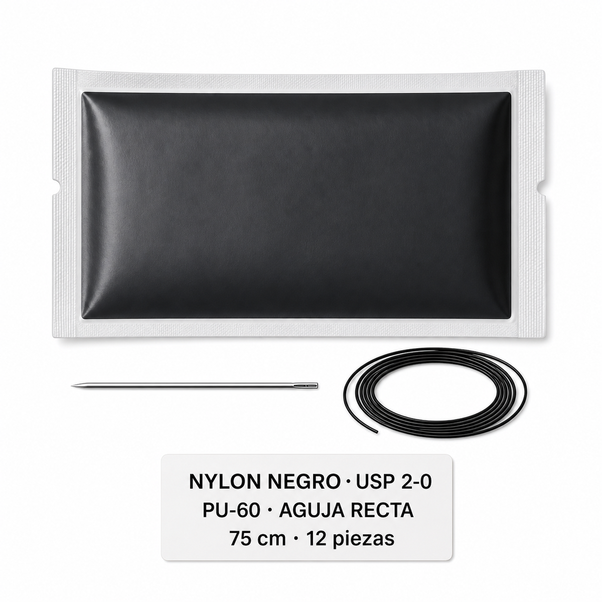 Imagen ilustrativa optimizada: Atramat Nylon negro USP 2-0 con aguja PU-60 recta, 75 cm, 12 piezas, sobre fondo blanco