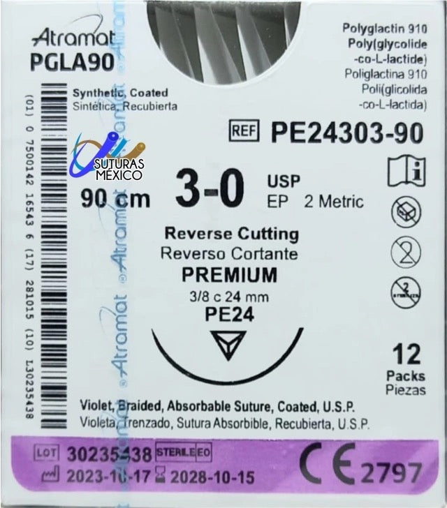 Atramat PE24303-90 PGLA90 violeta USP 3-0 de 90 cm con aguja PE24 reverso cortante premium de 24 mm