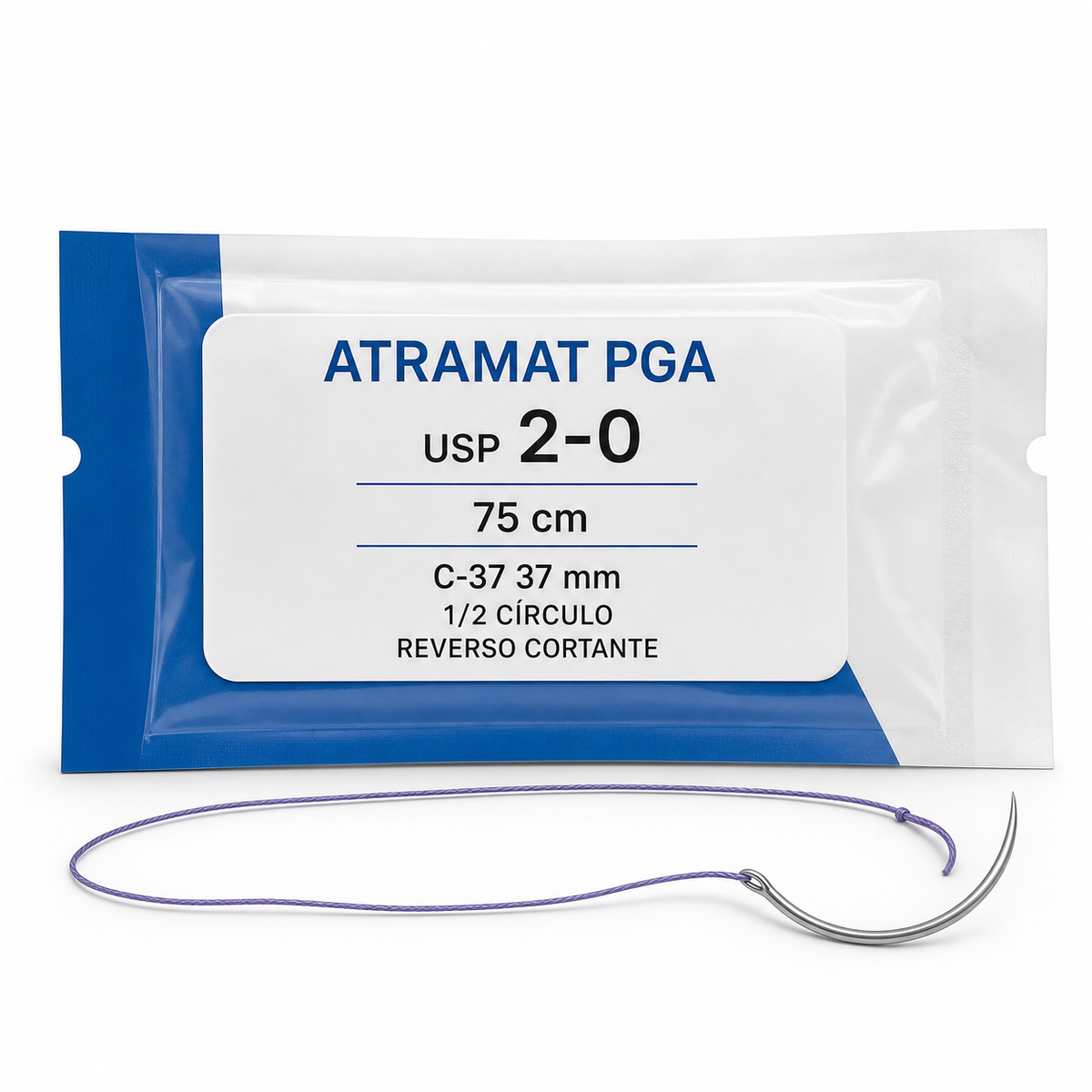 Imagen optimizada: Atramat PGA C3792-75, sutura absorbible USP 2-0, 75 cm, aguja C-37 de 37 mm, 1/2 de círculo, reverso cortante, sobre fondo blanco