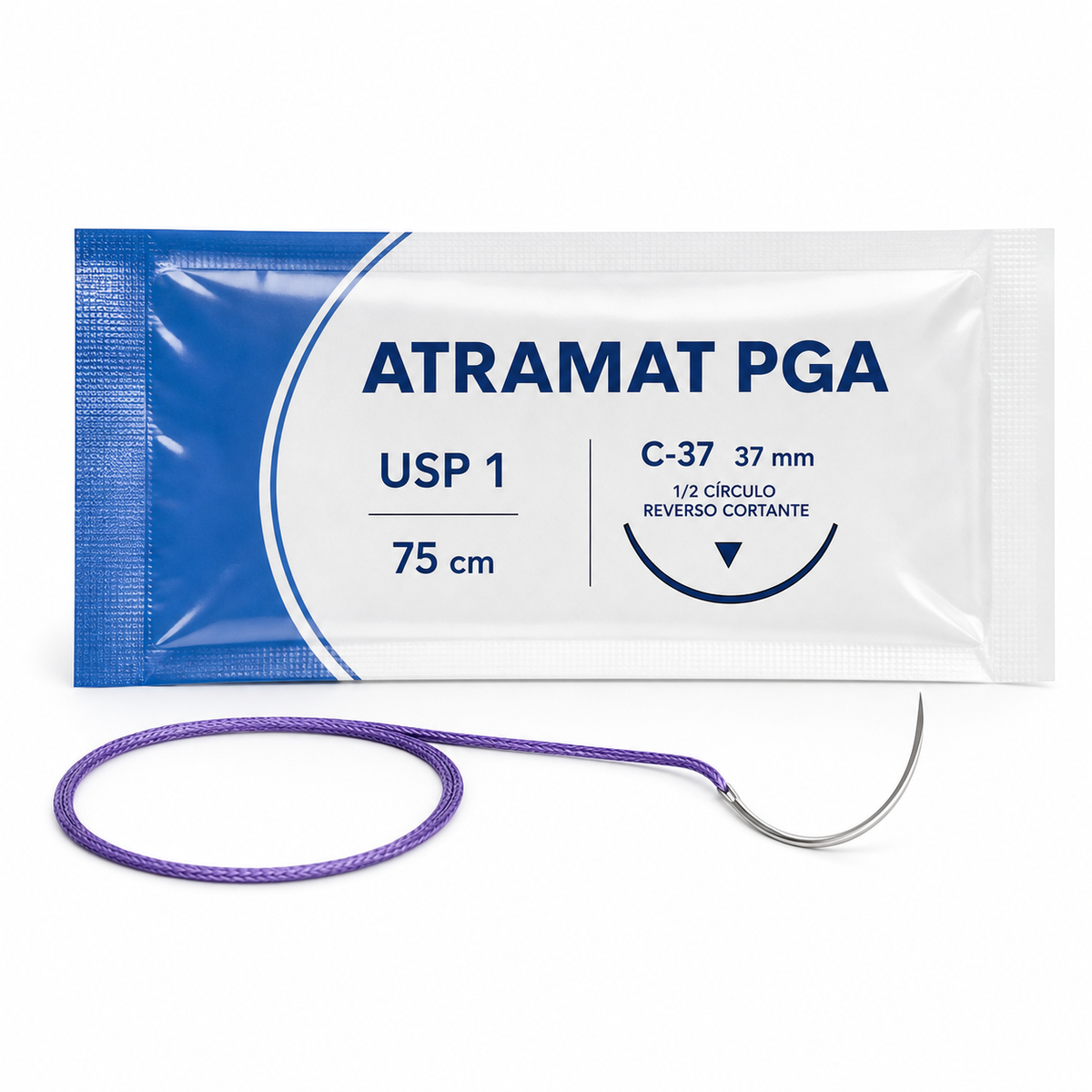 Imagen optimizada: Atramat PGA C3798-75, sutura absorbible USP 1, 75 cm, aguja C-37 de 37 mm, 1/2 de círculo, reverso cortante, sobre fondo blanco