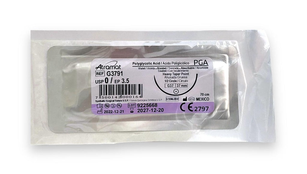 Sutura Atramat PGA G3791 calibre 0, 70 cm, aguja G37 de 37 mm