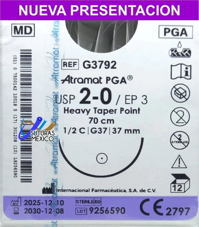 Sutura Atramat PGA G3792 calibre 2-0, 70 cm, aguja G37 de 37 mm