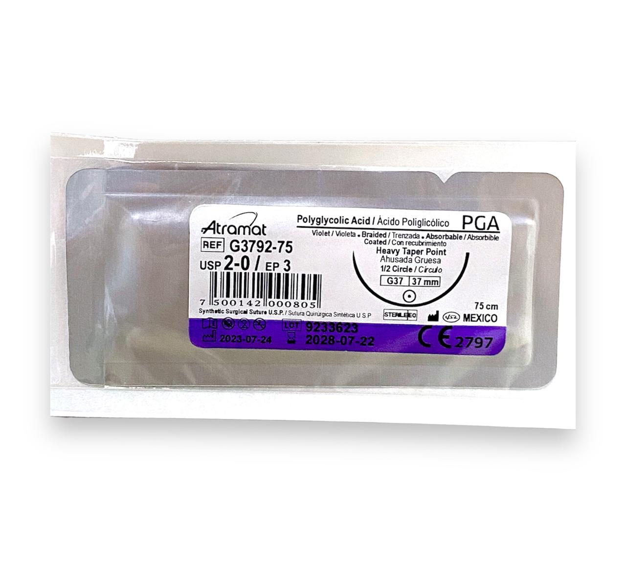 Sutura Atramat PGA G3792-75 calibre 2-0, 75 cm, aguja G37 de 37 mm