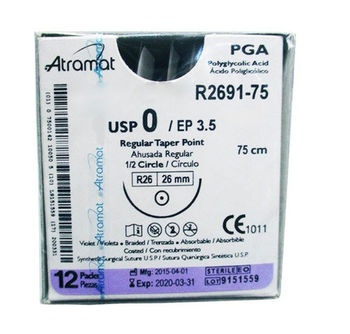Sutura Atramat PGA R2691-75 calibre 0, 75 cm, aguja R26 de 26 mm