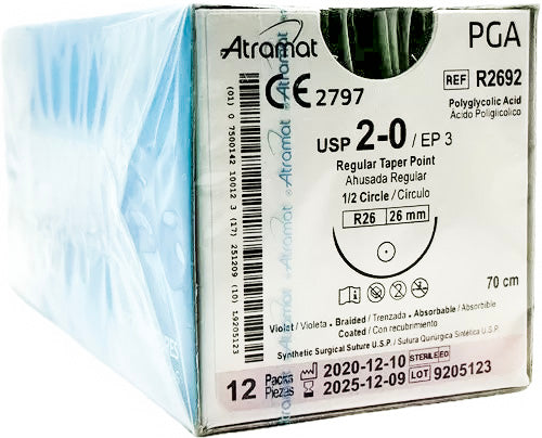 Sutura Atramat PGA R2692 calibre 2-0, 70 cm, aguja R26 de 26 mm