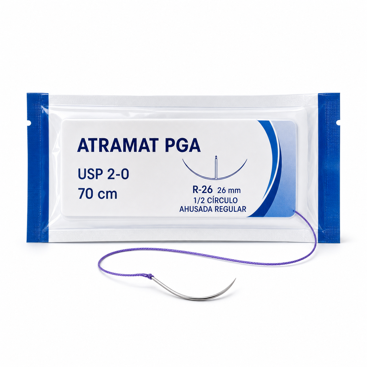 Imagen optimizada: Atramat PGA R2692, sutura absorbible USP 2-0, 70 cm, aguja R-26 de 26 mm, 1/2 de círculo, ahusada regular, sobre fondo blanco