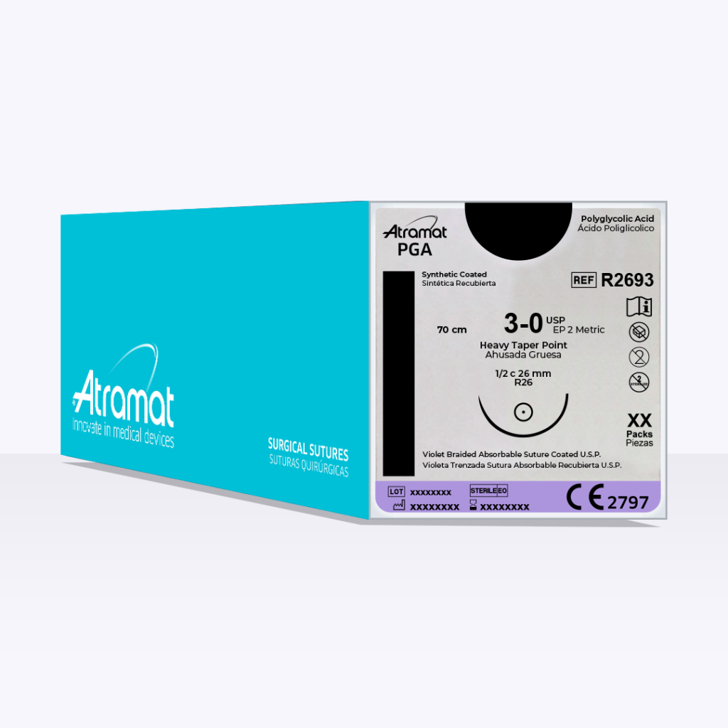 Sutura Atramat PGA R2693 calibre 3-0, 70 cm, aguja R26 de 26 mm