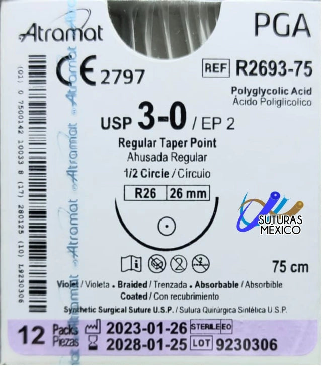 Sutura Atramat PGA R2693-75 calibre 3-0, 75 cm, aguja R26 de 26 mm