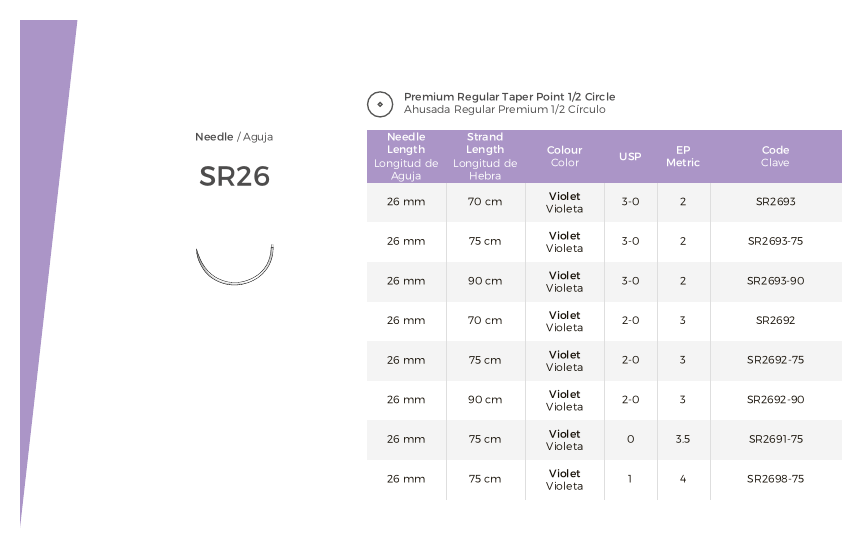 Sutura Atramat PGA SR2692-75 calibre 2-0 con aguja SR26 ahusada regular
