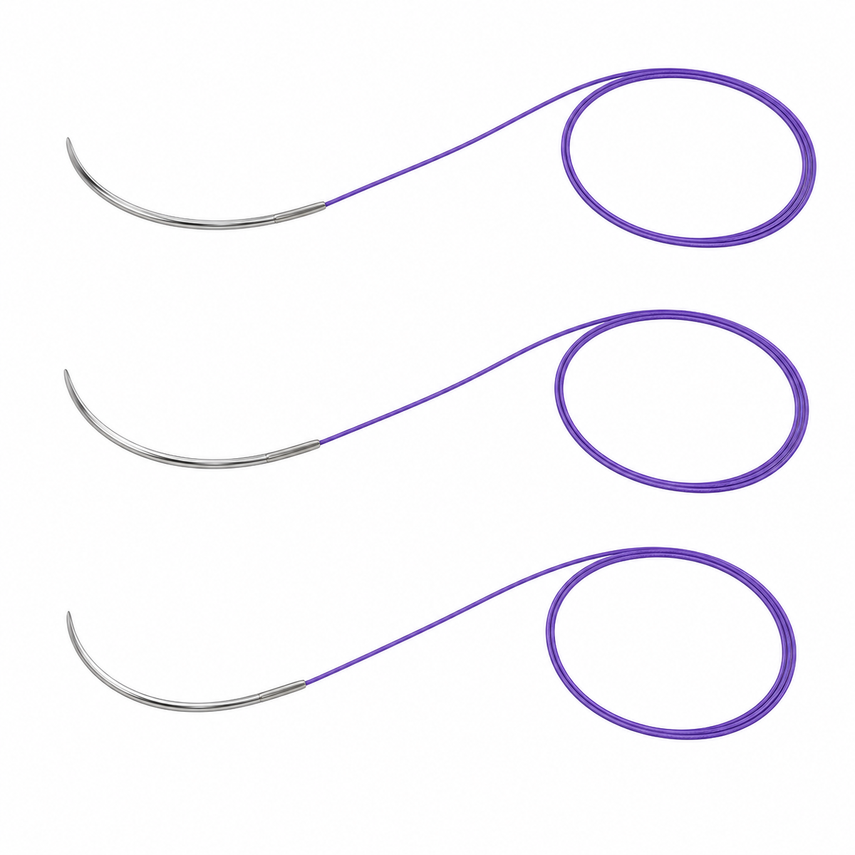 Imagen ilustrativa optimizada: Atramat PGC25 violeta, suturas USP 2-0, 3-0 y 4-0, 70 cm, aguja R-26, sobre fondo blanco