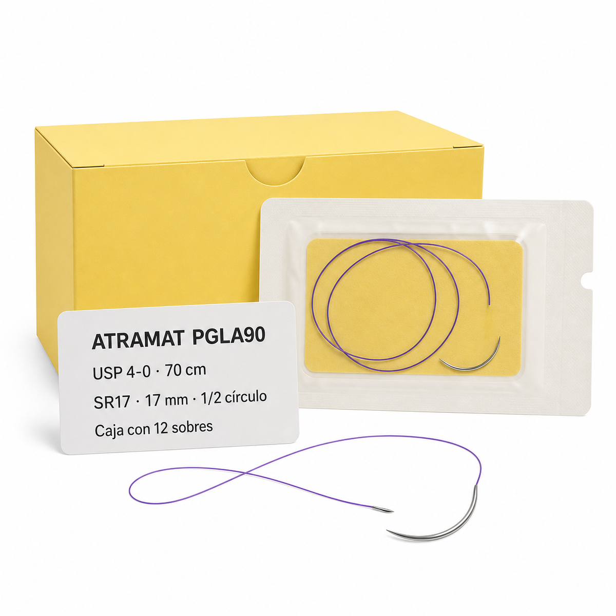 Imagen optimizada: Atramat PGLA90 SR17304, sutura absorbible USP 4-0, 70 cm, 12 sobres, aguja SR17 de 17 mm, 1/2 de círculo, ahusada regular, sobre fondo blanco