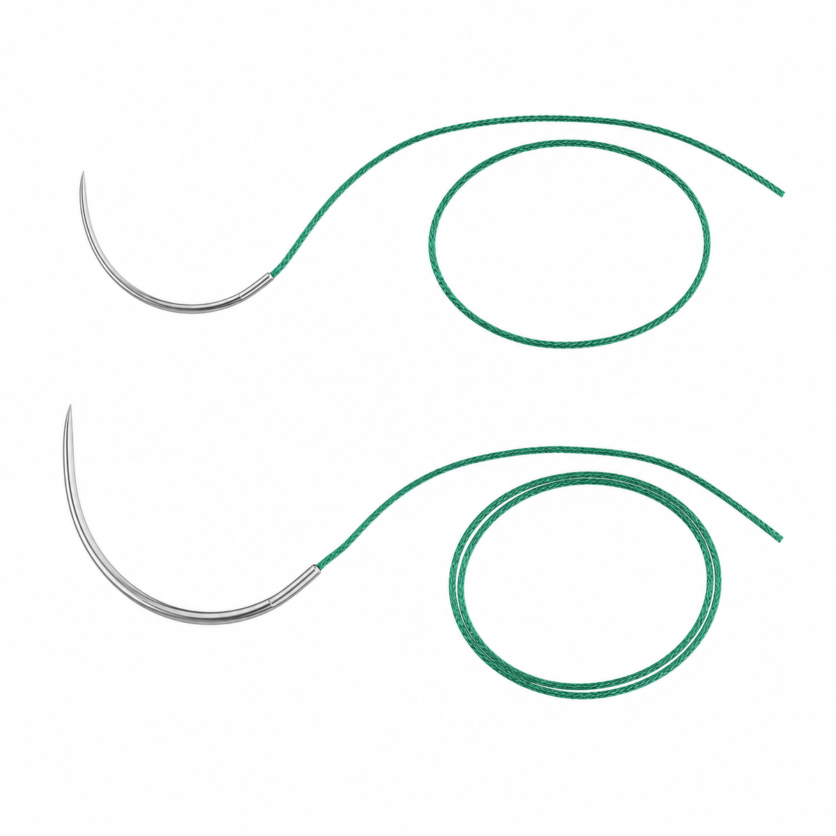 Imagen ilustrativa optimizada: Atramat Poliéster verde, suturas USP 0 y 2-0, 75 cm, aguja R-26 de 26 mm, sobre fondo blanco