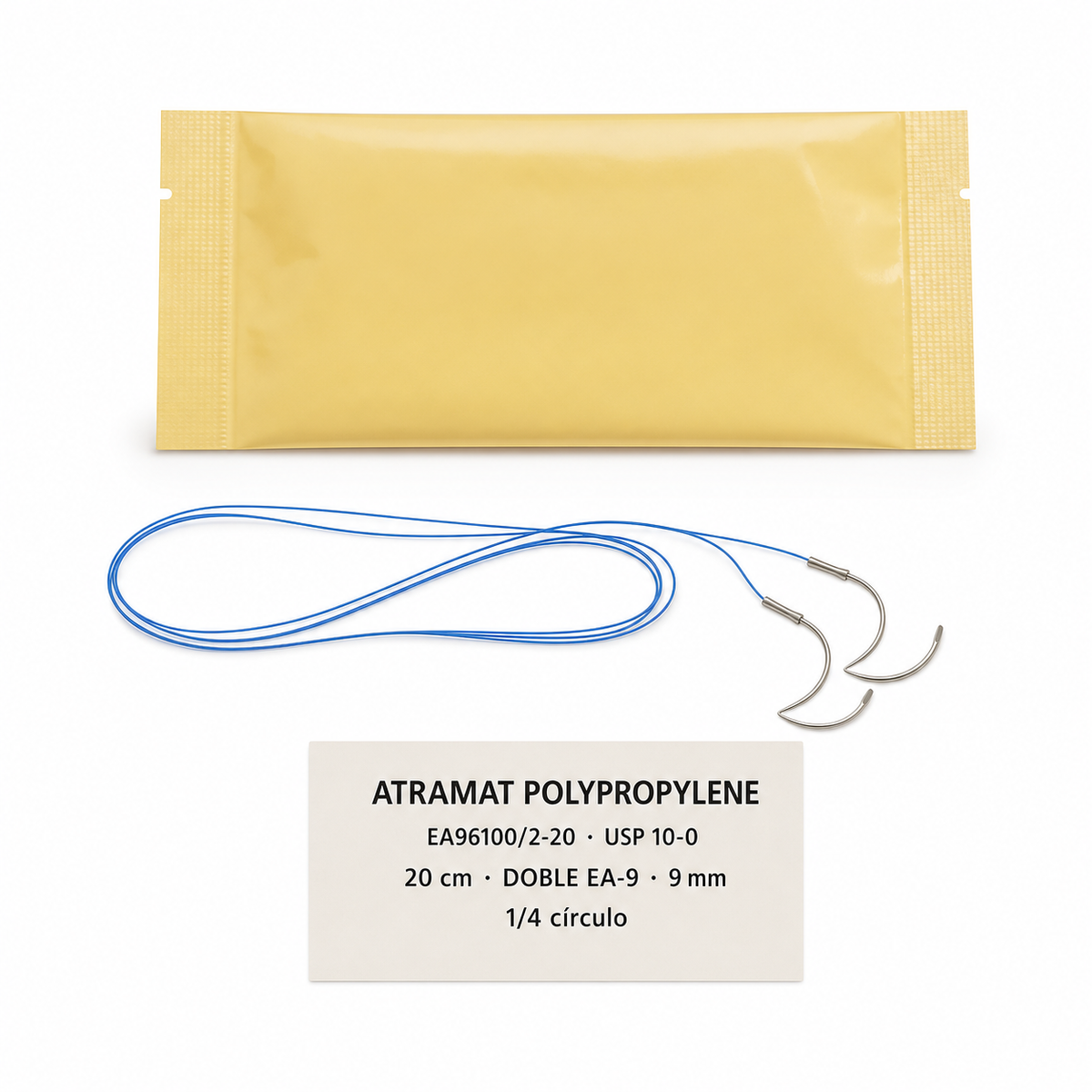 Imagen optimizada: Atramat Polypropylene EA96100/2-20, sutura no absorbible USP 10-0, 20 cm, doble aguja espatulada EA-9 de 9 mm, 1/4 de círculo, sobre fondo blanco