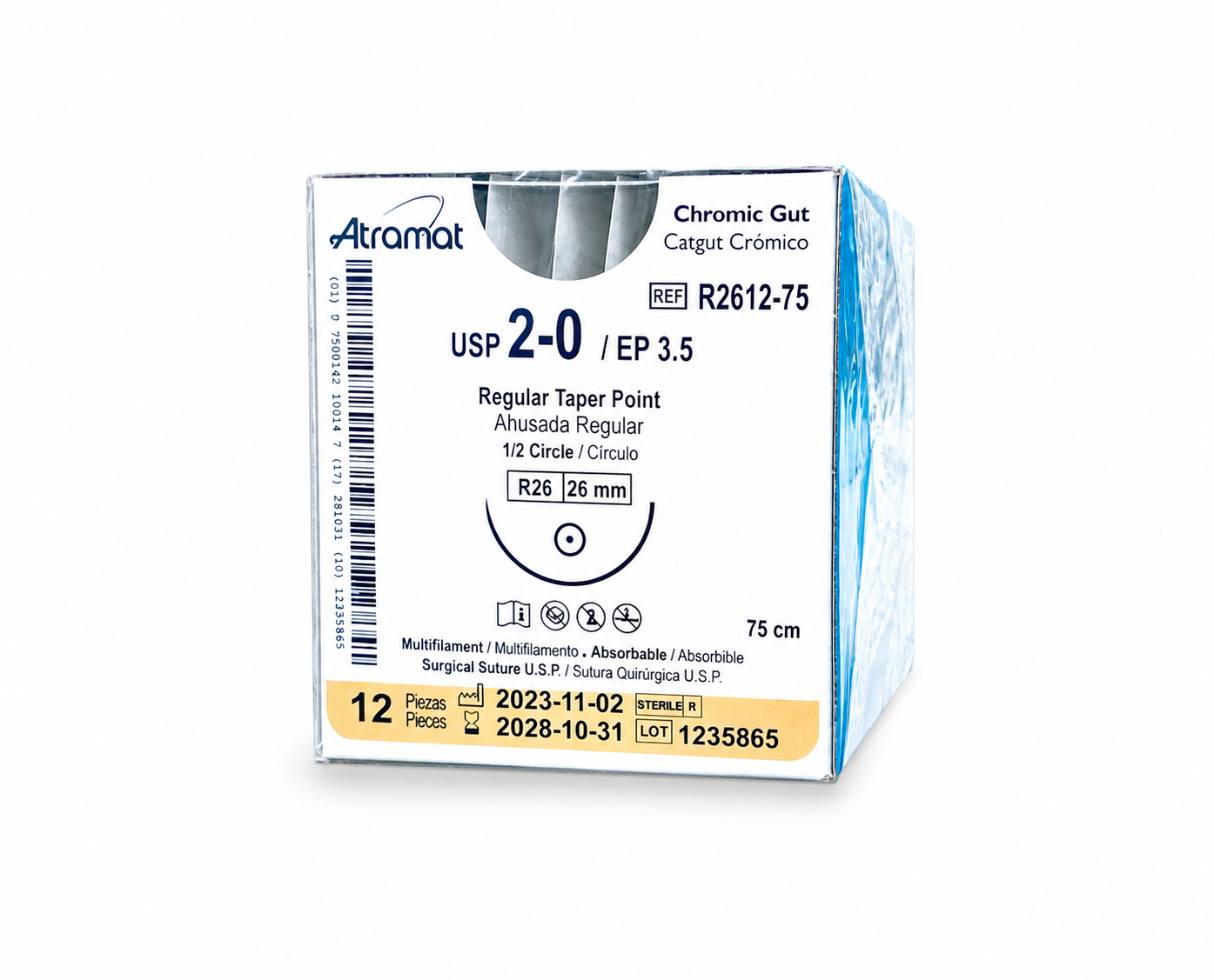 Atramat R2612-75, catgut crómico USP 2-0 de 75 cm con aguja R26 de 26 mm sobre fondo blanco