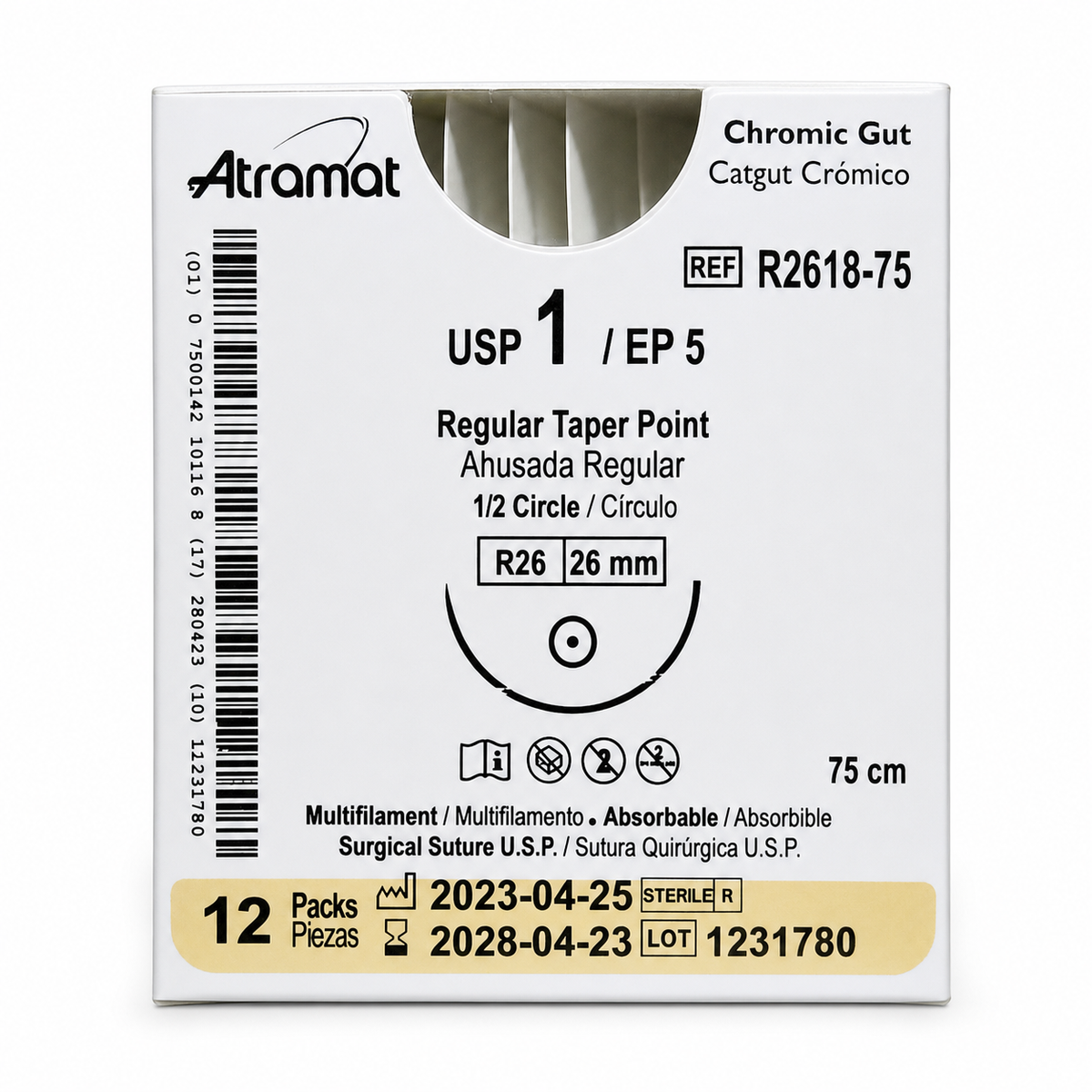 Atramat R2618-75, catgut crómico USP 1 de 75 cm con aguja R26 de 26 mm sobre fondo blanco